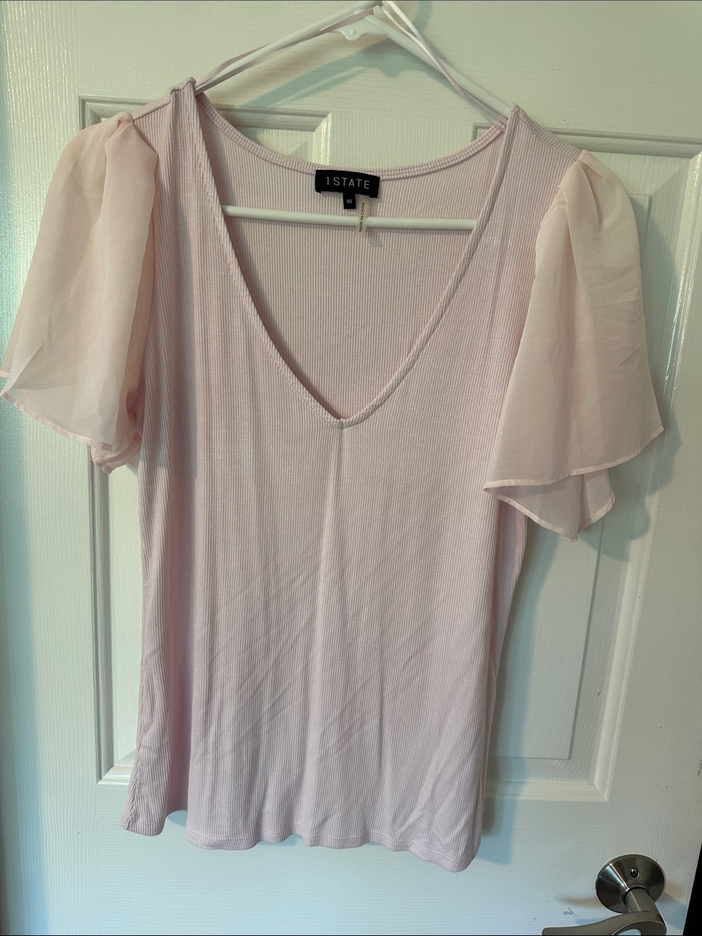 1. State Pale Pink V-Neck Flutter Sleeve Ribbed Top